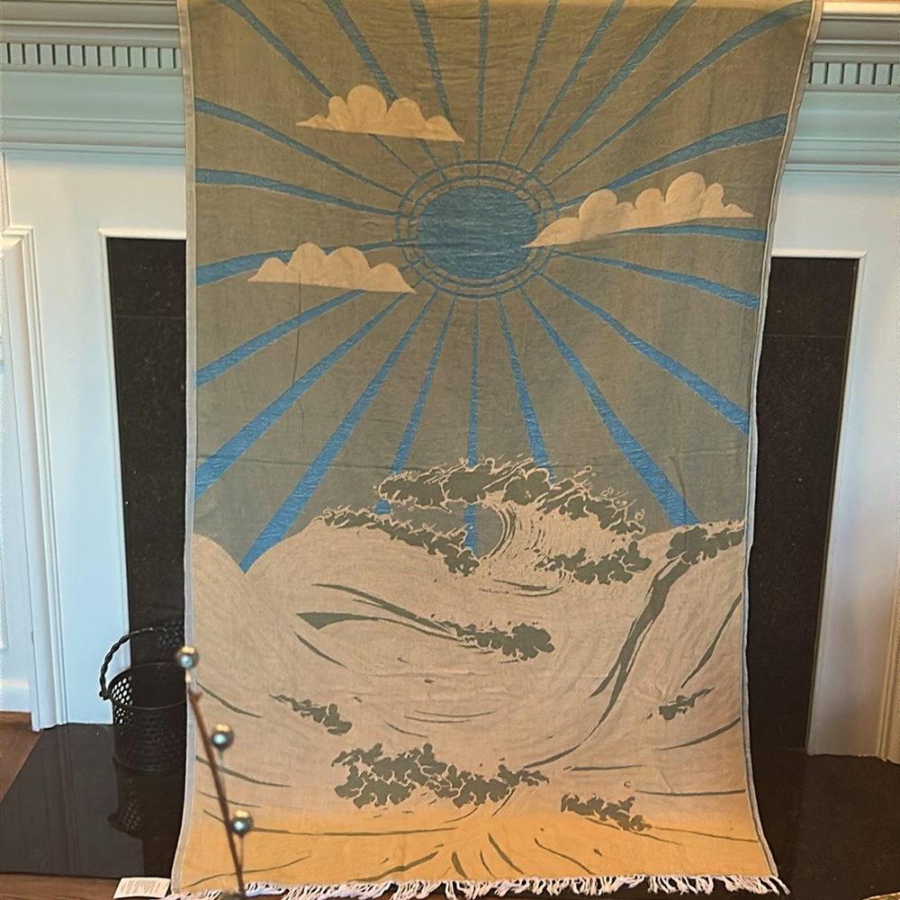 SWELL DAY SUN + OCEAN Tapestry Wall Art Woven Green + Mustard Blue + Yellow NEW!